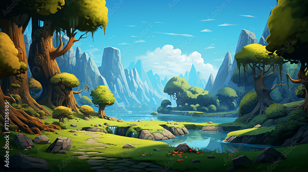 Wall mural cartoon game background with bright blue sky