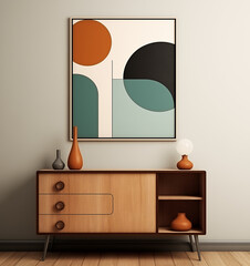 abstract canvas poster art on a wooden frame by art print mcco, in the style of dark beige and dark aquamarine, rounded shapes, vray, high detailed, tranquil still life, retro 