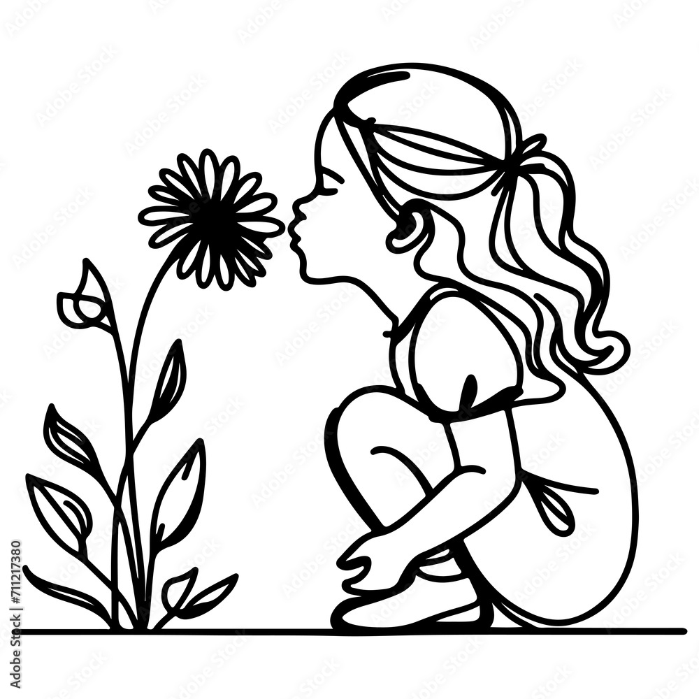 Wall mural girl sitting and picked flowers line art drawing style black linear sketch isolated on transparency