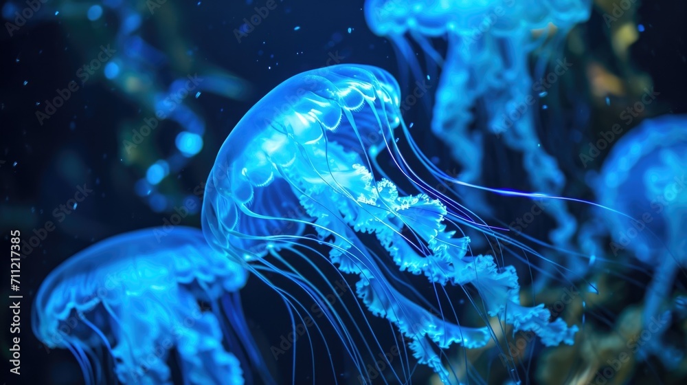 Wall mural neon blue jellyfish drift gracefully through the water their glowing tendrils leaving streaks of lig