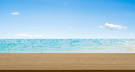 Travel concept,Sea Table Background Summer Tropical Blue Ocean with Sky Horizon Island Deck Mockup...