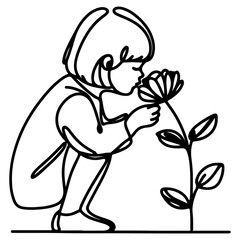 Fototapeta premium girl sitting and picked flowers line art drawing style black linear sketch isolated on transparency