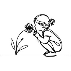 girl sitting and picked flowers line art drawing style black linear sketch isolated on transparency