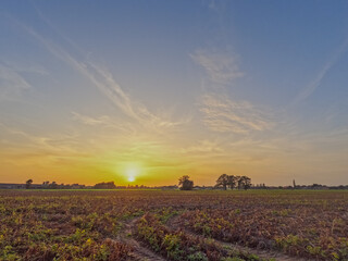 The image captures a serene sunset over a recently harvested field. The expansive sky is painted...