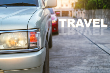 close up car on street automotive roadtrip on sunset background for transport, travel of nature to...