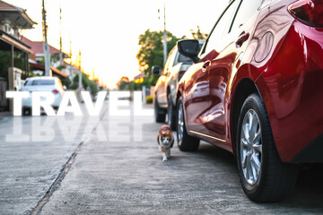 close up travel car on street automotive roadtrip on sunset background for transport, travel of...