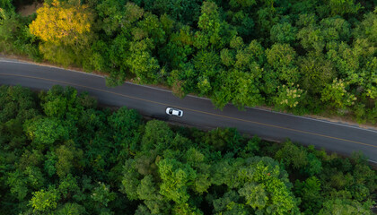 Aerial view of dark green forest road and white electric car Natural landscape and elevated roads Adventure travel and transportation and environmental protection concept