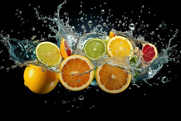 Various citrus fruits like lemon, lime, orange, and grapefruit in water splashes. Generative AI