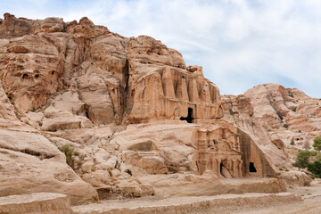 Obelisk Tomb and Bab as Siq Triclinium in the Nabatean Kingdom in capital of Nabatean Kingdom Petra at the beginning of the tourist route in Wadi Musa city in Jordan