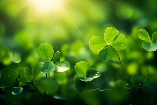 Golden light illuminates green clover leaves on St. Patrick's Day, showing a closeup macro view with shallow depth of field. Generative AI