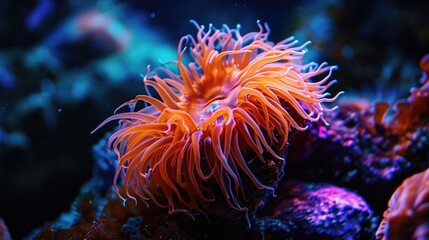 A bright orange sea anemone pulses with an intense neon glow attracting ping fish with its mesmerizing colors