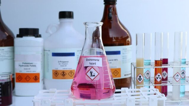 Environmental hazard Symbols of chemicals in glass, chemicals in the laboratory or industry