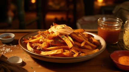 In this enticing food shot, a plate of Cider Avoid infused sweet potato fries steals the spotlight, perfectly seasoned and served with a smoky chipotle aioli for a touch of heat, creating - obrazy, fototapety, plakaty