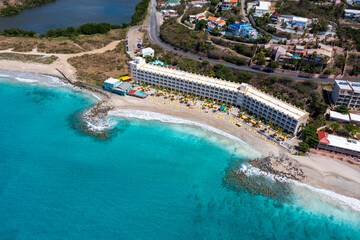 Aerial drone photos of islands in the Caribbean with blue sky and ocean