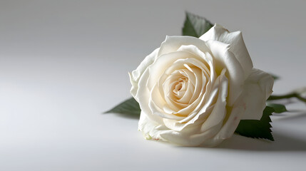 Beautiful white rose with stems and leaves on the floor. close up.