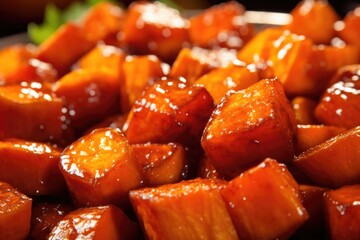 A closeup shot portrays the mouthwatering texture of candied yams, highlighting their soft, velvety insides and sticky glazed exterior, creating an alluring contrast of flavors and sensations.