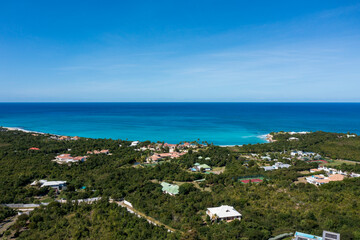 Fototapeta premium Aerial drone photos of islands in the Caribbean with blue sky and ocean