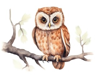 Naklejka premium Watercolor Painting of an Owl Perched on a Branch