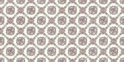 Floral 3d seamless pattern, Geometric repeat texture with cream coloured background, Colourful embossed flower and golden leaves, Ceramic Moroccan design