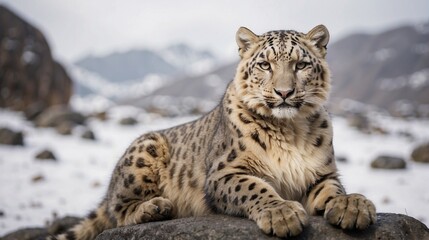 snow leopard in snowy field 
