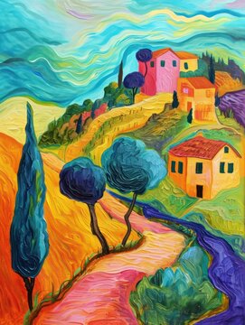 abstract landscape painting, adorned with vibrant and bold colors. Perfect for wall decoration, printed products, or even as wallpaper, this artwork is a visual delight for art lovers