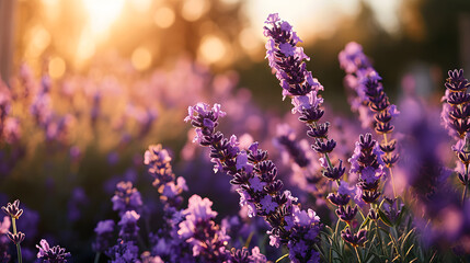 Close up Beautiful Blooming fragrant lavender in a field with warm sunbeam. background, wallpaer.  - obrazy, fototapety, plakaty