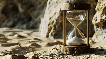 Close up of hourglass with sand inside running through the bulbs isolate on rocks background. time management concept. copy space. mockup.