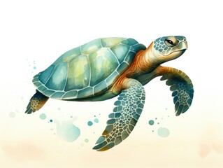 Green Sea Turtle Swimming in Ocean, Majestic Marine Creature in Its Natural Habitat. Watercolor illustration.