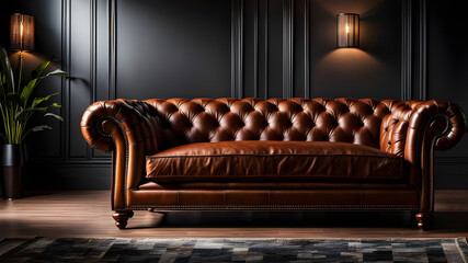 furniture closeup leather genuine fininshing sofa with light shade shadow. furniture showcase concept.