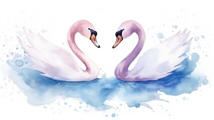 Fototapeta premium Two White Swans Swimming in a Body of Water. Watercolor illustration.
