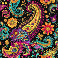 Paisley ornament colorful repeat pattern, vibrant ethnic decorative ornate 