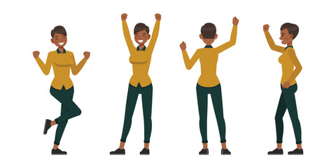 Set of working woman wear yellow shirt color character vector design. Presentation in various action. Businesswoman working in office planning, thinking and economic analysis.