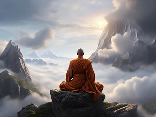 A monk in deep meditation, perched atop a towering mountain peak, shrouded in a mystical veil of clouds.
