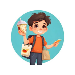 Boy with take away food and drinks.