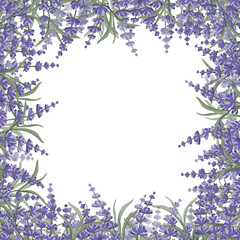 Floral purple-lavender border made of lavender flowers and leaves, for the design of postcards, invitations, banners, packaging and wallpaper. A frame for your design. Vector illustration