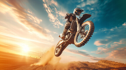 Motocross Rider Performing Jump in Desert at Sunset