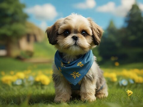 Cute shih tzu puppy standing proudly on a lush green grass field.
