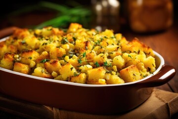 Indulge in the irresistible aroma of freshly baked cornbread stuffing, made with a generous amount of tender corn kernels, herbs, and a touch of garlic, creating a side dish thats both visually - obrazy, fototapety, plakaty
