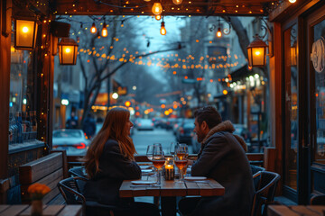 Un couple boit un verre en terrasse à Paris après le travail alors qu'il fait froid dehors l'hiver - obrazy, fototapety, plakaty