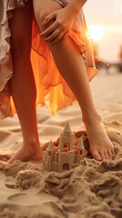 Jeune femme jouant avec ses pieds dans le sable et construisant un château de sable, jeux d'été à la plage en tenue légère et sexy