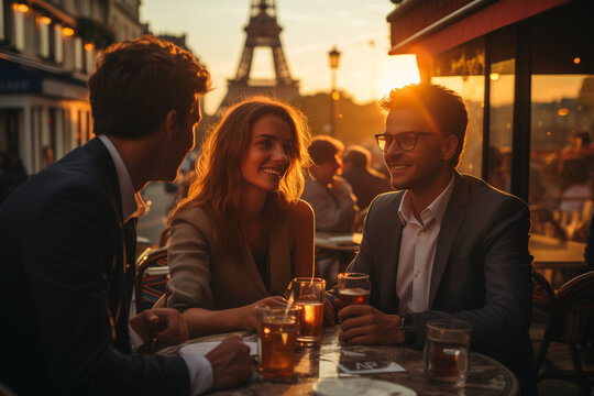 Groupe de jeunes consultants et &eacute;quipe prenant un verre apr&egrave;s une dure journ&eacute;e de travail &agrave; Paris