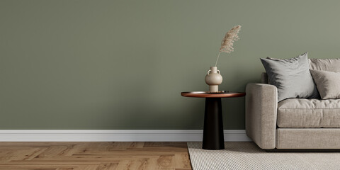 Wallpaper mockup in living room interior with sofa,  3d render, 3D illustration		
