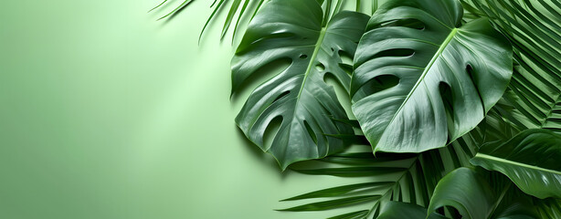 Exotic Lush green pattern monstera leaves on green background. Abstract natural background. copy space concept.