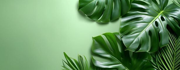 Exotic Lush green pattern monstera leaves on green background. Abstract natural background. copy space concept.