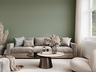 Wallpaper mockup in living room interior with sofa,  3d render, 3D illustration	
