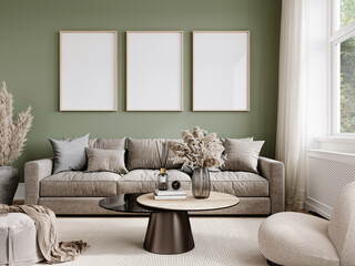 Mock up poster frame in living room interior with sofa, 3D render, 3D illustration	
