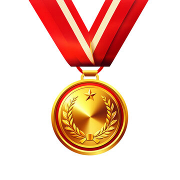 gold medal with red ribbon