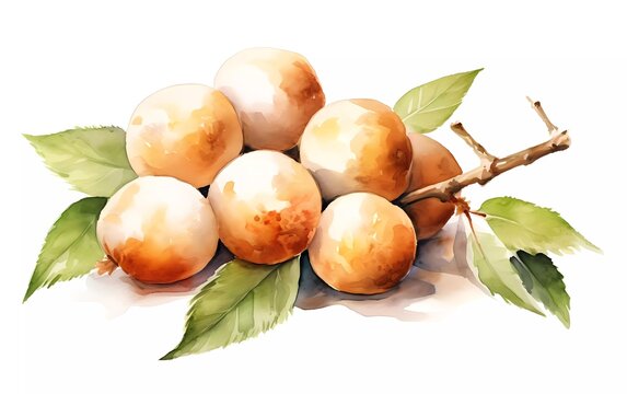 watercolor style longan fruit, on a white background. generative ai