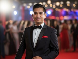 Fototapeta premium Filipino man on formal attire on blurred red carpet event party background from Generative AI