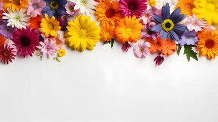 Flat lay composition made of meadow spring multicolour gerbera flowers on light background, Backdrop with copy space.